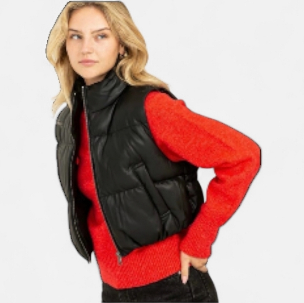 Double Zero Girls Junior L Black Faux Leather Cropped Puffer Vest Standup Collar - Picture 4 of 13